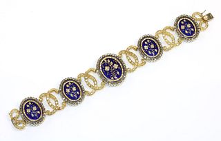 A two colour gold diamond and enamel plaque bracelet,