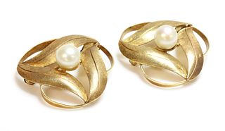 A pair of Austrian gold cultured pearl brooches,