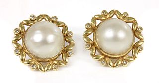 A pair of 18ct gold cultured mab? pearl and diamond earrings,