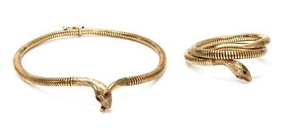 A 9ct gold snake bangle and necklace suite, c.1970,