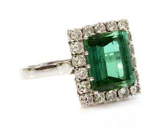 A white gold tourmaline and diamond rectangular cluster ring,