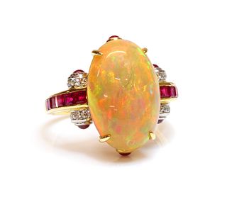 An opal, ruby and diamond cluster ring,