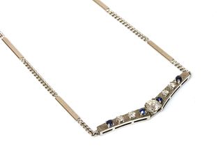 A white gold diamond and sapphire 'V' necklace, c.1970,