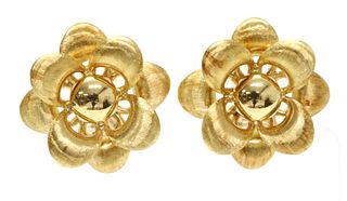 A pair of Italian gold hollow flower head earrings,
