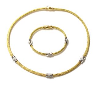 An 18ct yellow and white gold diamond set necklace and bracelet suite, by Italian Lynx,