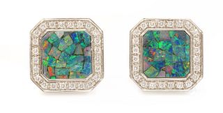 A pair of 18ct white gold opal mosaic and diamond cufflinks,