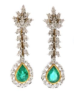 A pair of two colour gold emerald and diamond drop earrings,