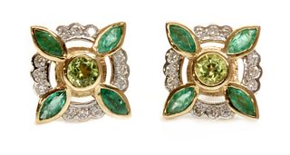 A pair of peridot, emerald and diamond earrings, by Luke Stockley,