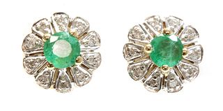 A pair of 9ct gold emerald and diamond circular cluster earrings,