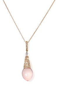 A rose gold rose quartz and diamond pendant,