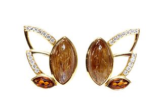 A pair of 18ct gold golden rutilated quartz, citrine and diamond earrings, by Hamilton & Inches,