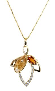 An 18ct gold rutilated quartz, citrine and diamond pendant, by Hamilton & Inches, c.2015,