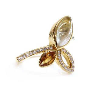 An 18ct gold rutilated golden quartz, citrine and diamond set ring, by Hamilton & Inches, c.2013,