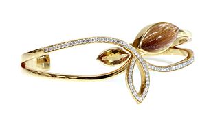 An 18ct gold rutilated quartz, citrine and diamond torque bangle, by Hamilton & Inches, c.2013,