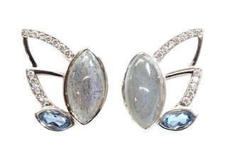 A pair of 18ct white gold labradorite, aquamarine and diamond earrings, by Hamilton & Inches,