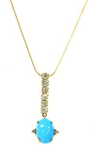 A gold turquoise and diamond pendant and earring suite,