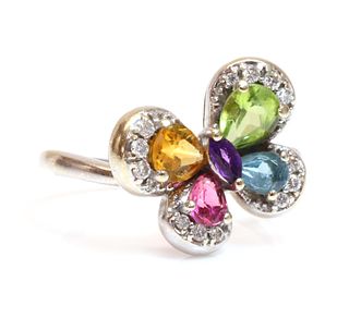 An 18ct white gold gemstone and diamond set butterfly ring,