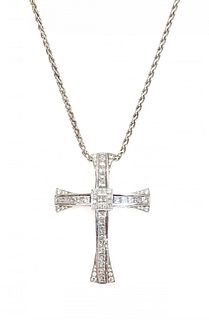 An 18ct white gold diamond set cross and chain,