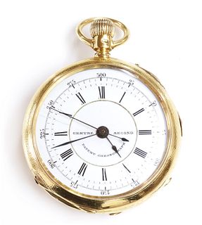 An 18ct gold top wind pin set open-faced chronograph pocket watch,