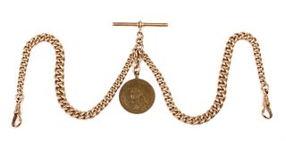A 9ct gold graduated curb link double Albert chain, c.1900,