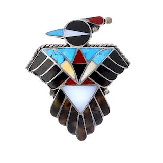 A selection of inlaid South American gem jewellery. To include a brooch in the style of a bird, inla