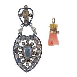 A selection of jewellery. To include a coral hand charm and a late 19th century enamel and gem-set a