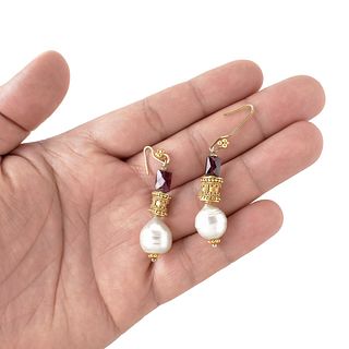 Pearl, Amethyst and 14K Earrings
