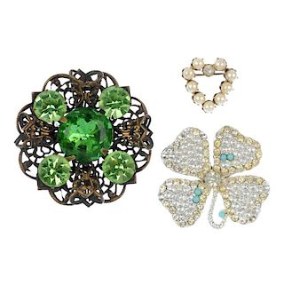 A selection of costume jewellery. To include a brooch designed colourless paste set bow, a heart-sha