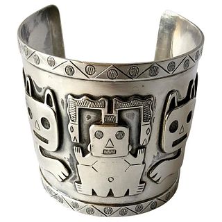 Graziella Laffi Sterling Silver Peruvian Aztec Modernist Cat Cuff Bracelet