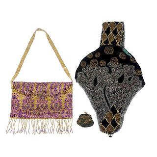 Two early 20th century beaded bags and a miniature purse. To include a small rectangular fringed bag