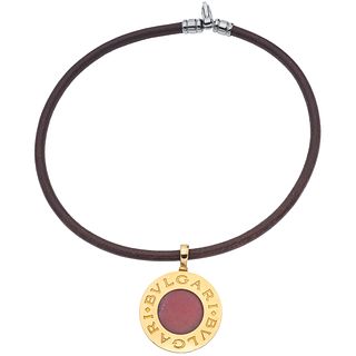 LEATHER CHOKER WITH PENDANT IN STEEL, 18K YELLOW GOLD, METAL CLASP, BVLGARI