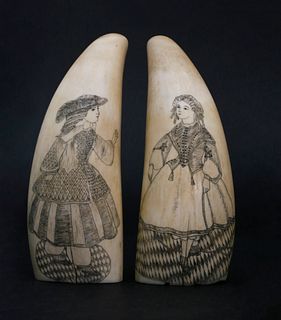 Pair of Antique Scrimshaw Whale Teeth, 2nd half of the 19th Century