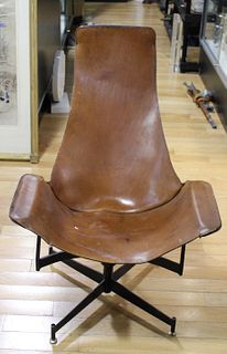 Midcentury Patinated Metal Swivel Chair With Leath