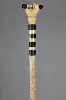 Sailor Made Antique Whale Ivory and Ebony Fist Walking Stick, circa 1850