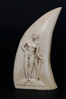 Nude Female Bas-Relief Carved Whale Tooth, circa 1840