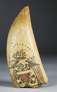 Fine Scrimshaw and Polychrome Sperm Whale Tooth, mid 19th Century