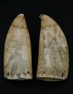 Pair of Historically Important Scrimshaw and Polychrome Sperm Whale Teeth, circa 1846