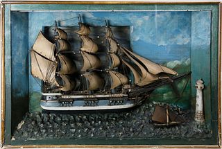 Maritime Diorama of 3-Masted Clipper Approaching Headland