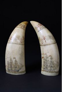 Fine Pair of American Scrimshawed and Polychromed Antique Whale Teeth, circa 1850