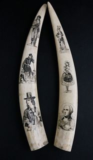 Pair of Antique Pictorial Scrimshaw Walrus Tusks, 2nd half of the 19th Century