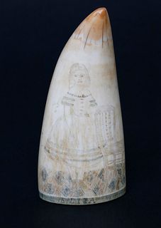 Antique Scrimshaw and Polychrome Whale Tooth, circa 1860