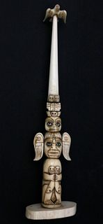 Carved Walrus Ivory Northwest Totem Pole