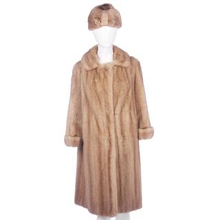 A full-length dawn pastel mink coat and hat. The coat designed with a notched lapel collar, hook and
