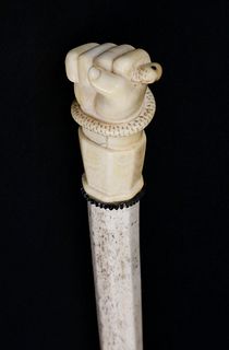 Fine Carved Whale Ivory Clenched Fist with Snake Grip Walking Stick, circa 1850