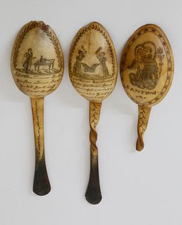 Three Scrimshaw Horn Spoons, mid 19th century