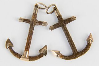 Two Antique Sailor Made "Forget Me Not" Anchor Pendants, 19th Century