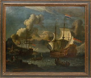 Follower of Abraham Storck "Seascape with Two Dutch Man-o-War Off the Bay of Smyrna"