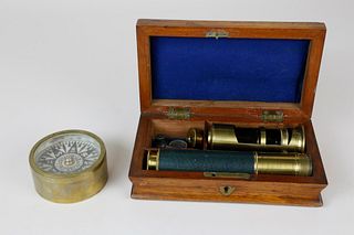 English Cased Handheld Microscope and Lifeboat Compass