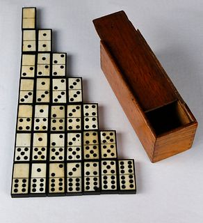 Complete Set of Sailor Made Antique Whalebone and Ebony Encased Dominoes