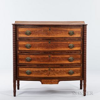 Birch, Flame Birch, and Mahogany Veneer Inlaid Bowfront Chest of Drawers